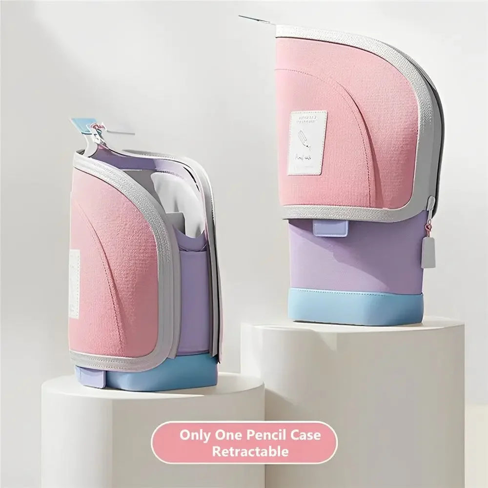 New Fashion 2-in-1 Standing Pencil Case Portable Vertical Student Pen Holder Retractable Pencil Bag Desk Supplies Holders Peaceful Pleasures Health and Wellness Pink