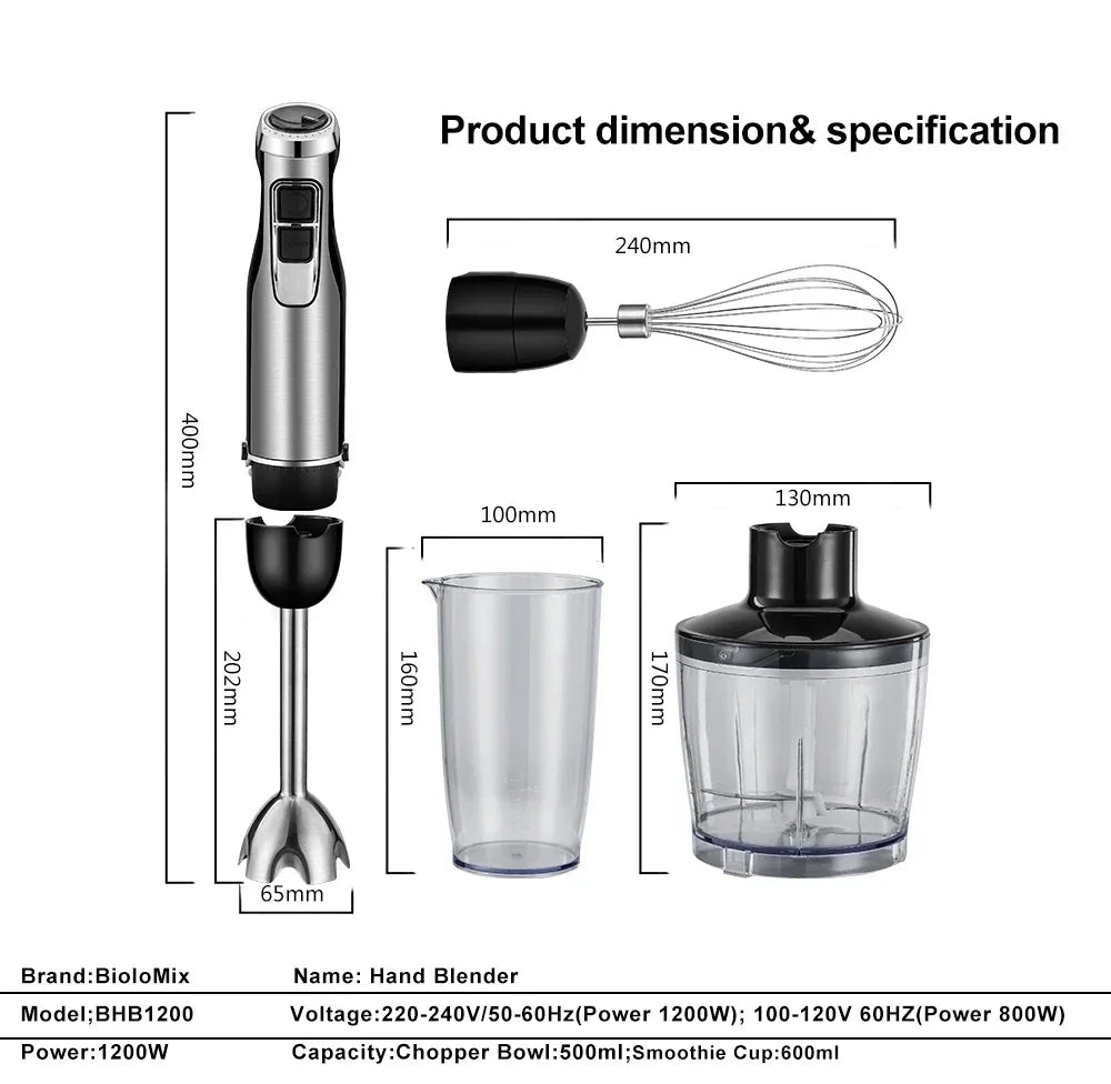 BioloMix 4 in 1 High Power 1200W Immersion Hand Stick Blender Mixer Includes Chopper and Smoothie Cup Stainless Steel Ice Blades Peaceful Pleasures Health and Wellness