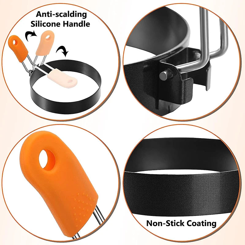 Stainless Steel Egg Rings & Pancake Mold Set with Silicone Handles Peaceful Pleasures Health and Wellness