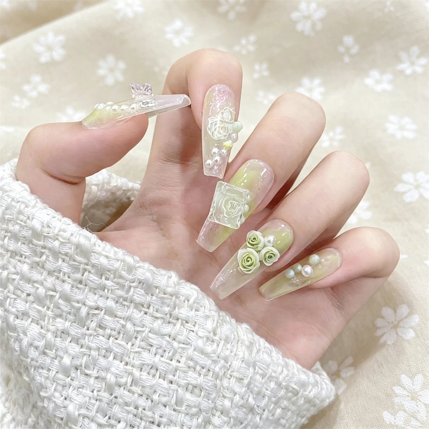 3D Rose Aurora Butterfly Press On Nails – 10pc Clear Green Set