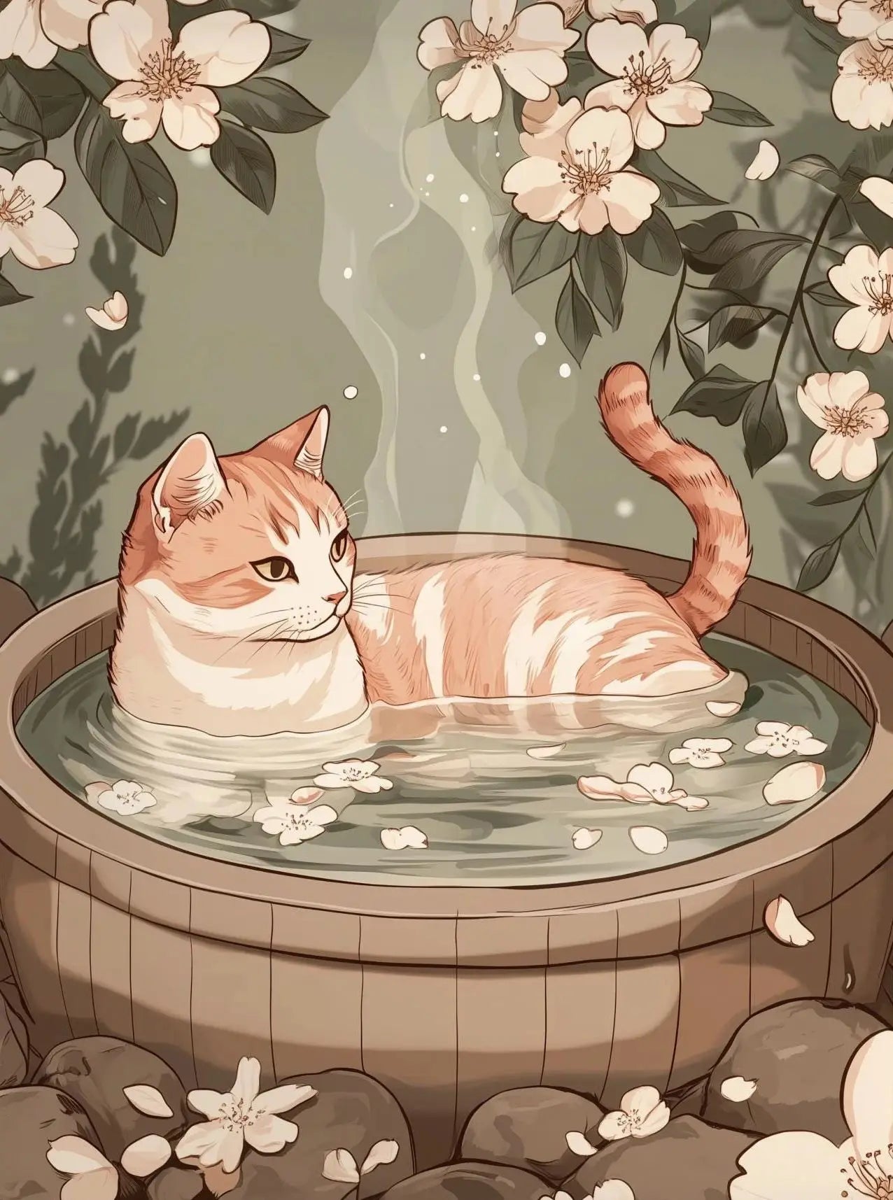 Japanese Cherry Blossom Cat Hot Spring Canvas Wall Art Print Canvas Wall Art Print Peaceful Pleasures Health and Wellness 1 50x70cm Unframed