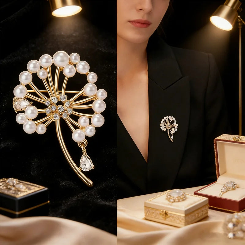 Dandelion Brooch with Pearls & Rhinestones – Plant Pin Gift