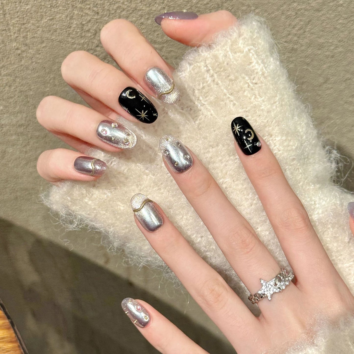 10pcs Sweet Stars Bow Handmade Fake Nails Press on Nails Gentle Cat's Eye Fake Nails French Tips Detachable Wedding False Nails Peaceful Pleasures Health and Wellness