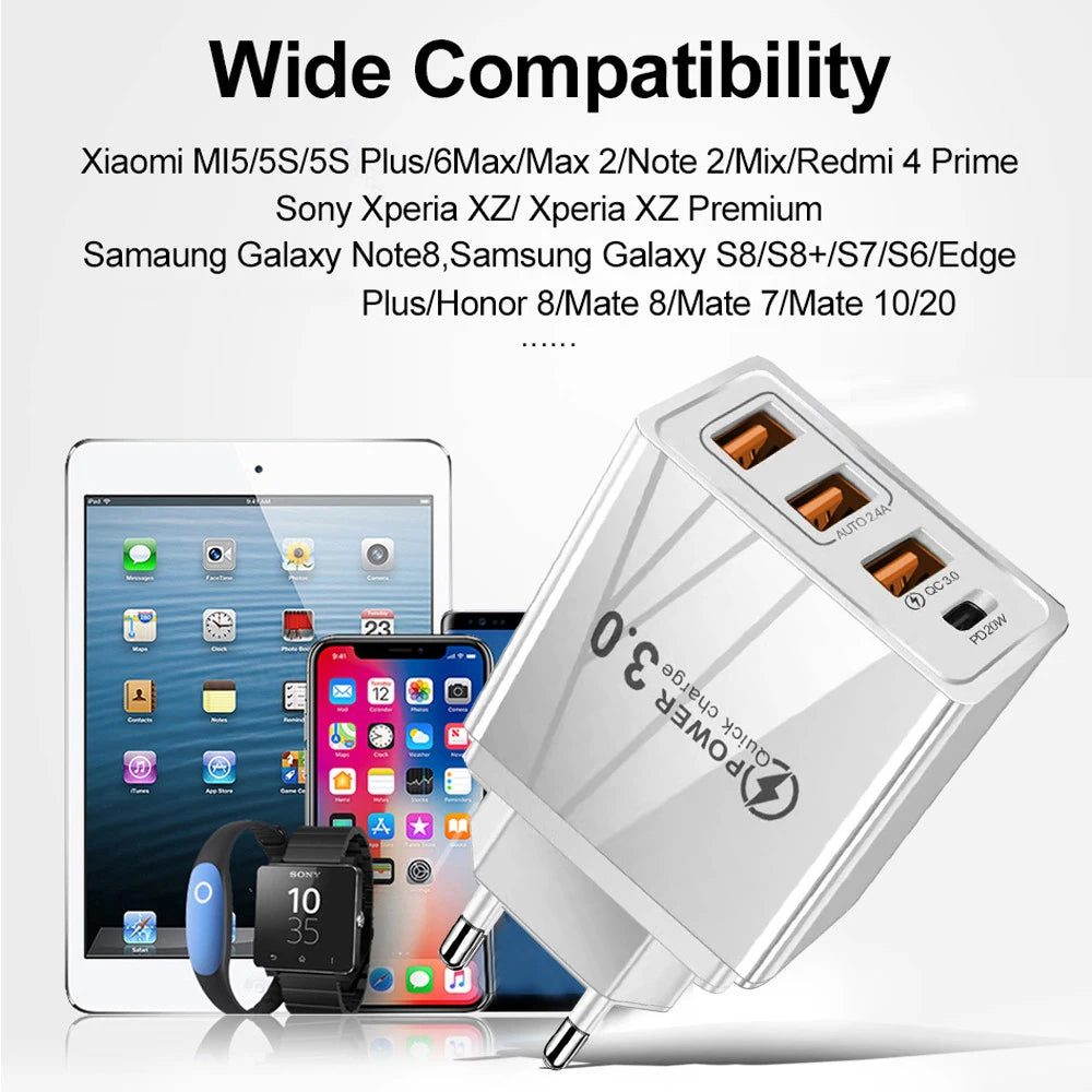 48W Multi-Port USB PD Fast Charger | Quick Charge 3.0 Adapter