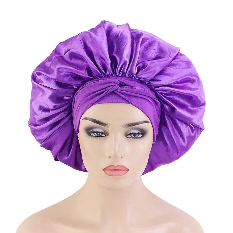 Silk Night Sleeping Cap, Large Satin Bonnet, Bonnet Edge Wrap For Women Curly Braid Hair With Head Tie Band Peaceful Pleasures Health and Wellness VIOLET/紫罗兰