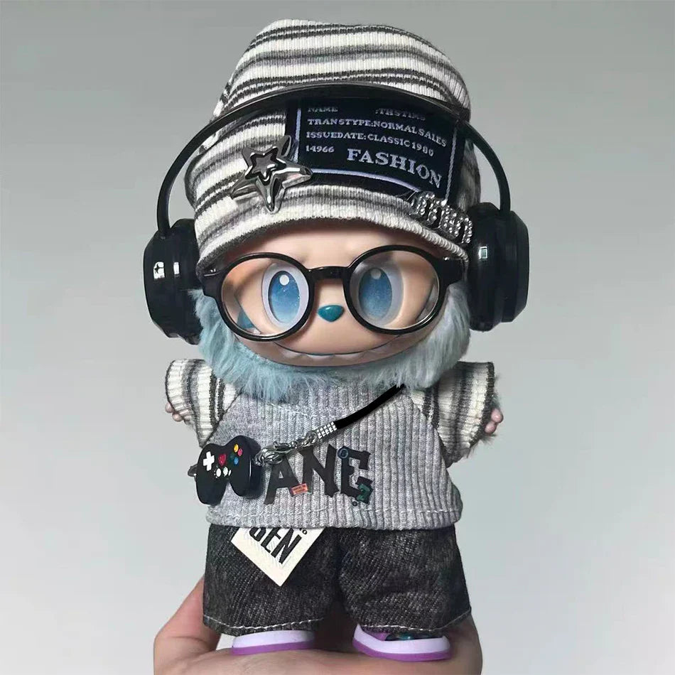 Labubu 15–17cm Korean Grey Star Hat Cloth Outfit Set