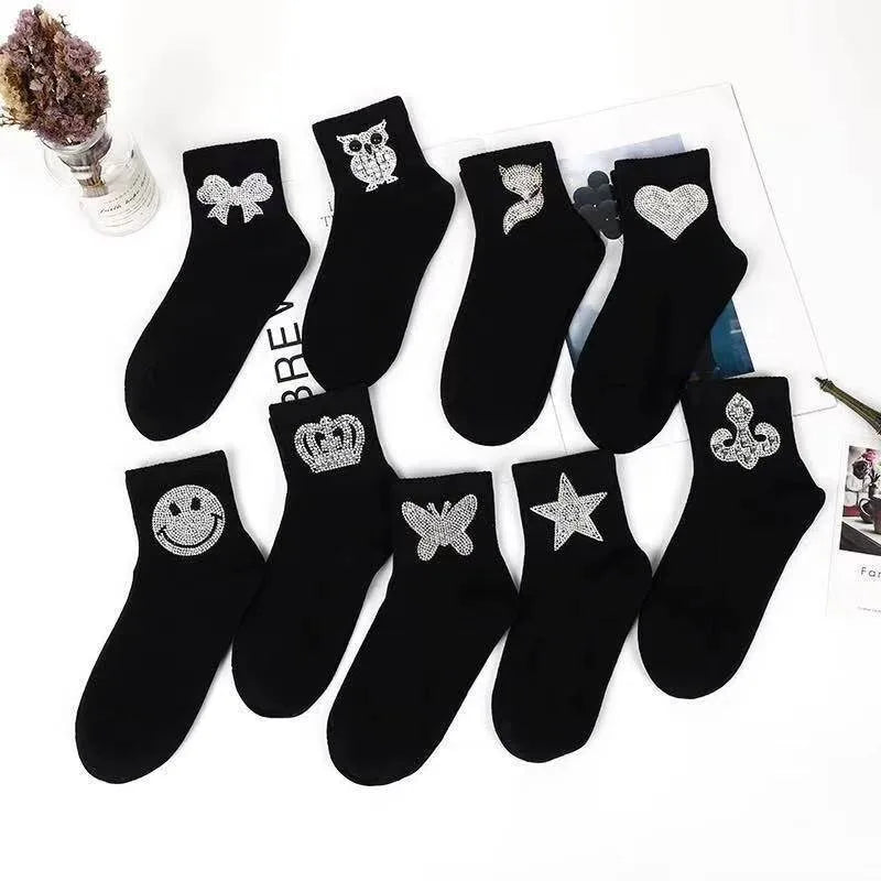 New Rhinestone Decorative Socks, Fashionable Diamond Sparkling Socks, Cute Cartoon Animal Pattern Comfortable Low Cut Socks Peaceful Pleasures Health and Wellness