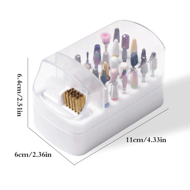 White 30 Holes Nail Drill Bits Holder Clear Dust Proof Drill Bit Case for Acrylic Nail Drill Bits Storage Nail Tools With Brush Peaceful Pleasures Health and Wellness