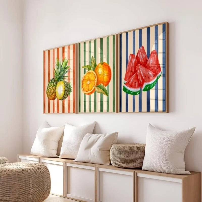 3-Piece Tropical Fruit Canvas Wall Art | Orange Watermelon Pineapple