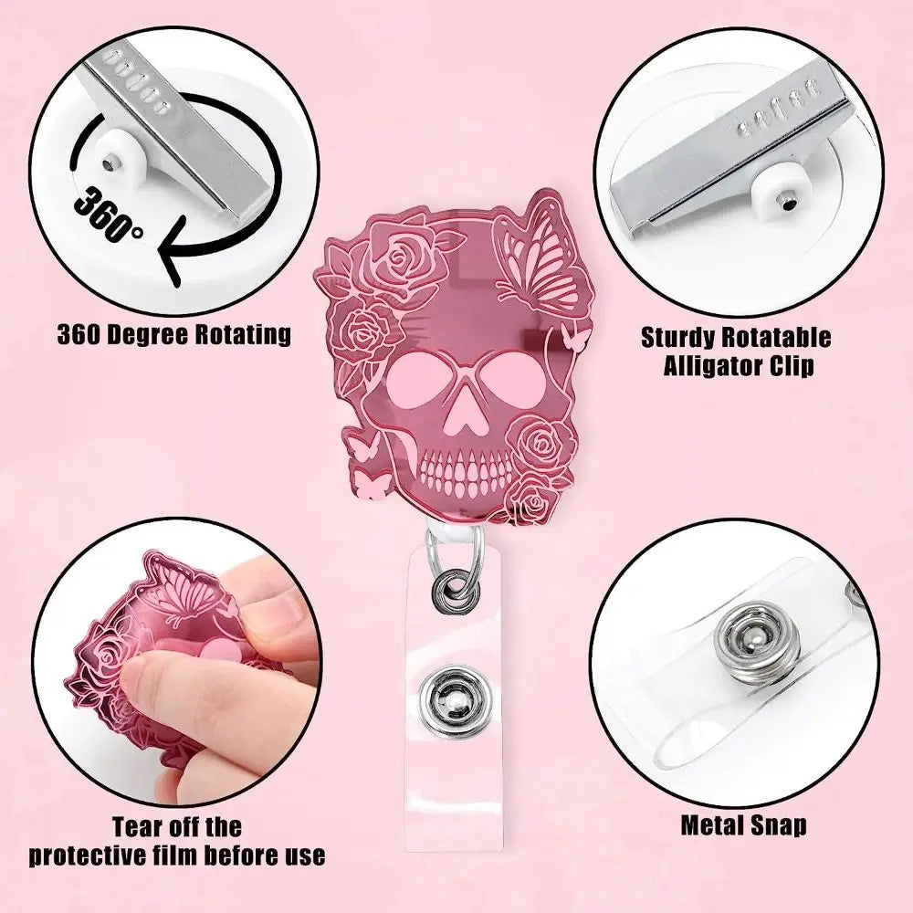 Pink Nurse Retractable Badge Reel Acrylic Skull Name Card Holder ID Card Clips 360 Rotating Alligator Clip Hospital Badge Holder Peaceful Pleasures Health and Wellness