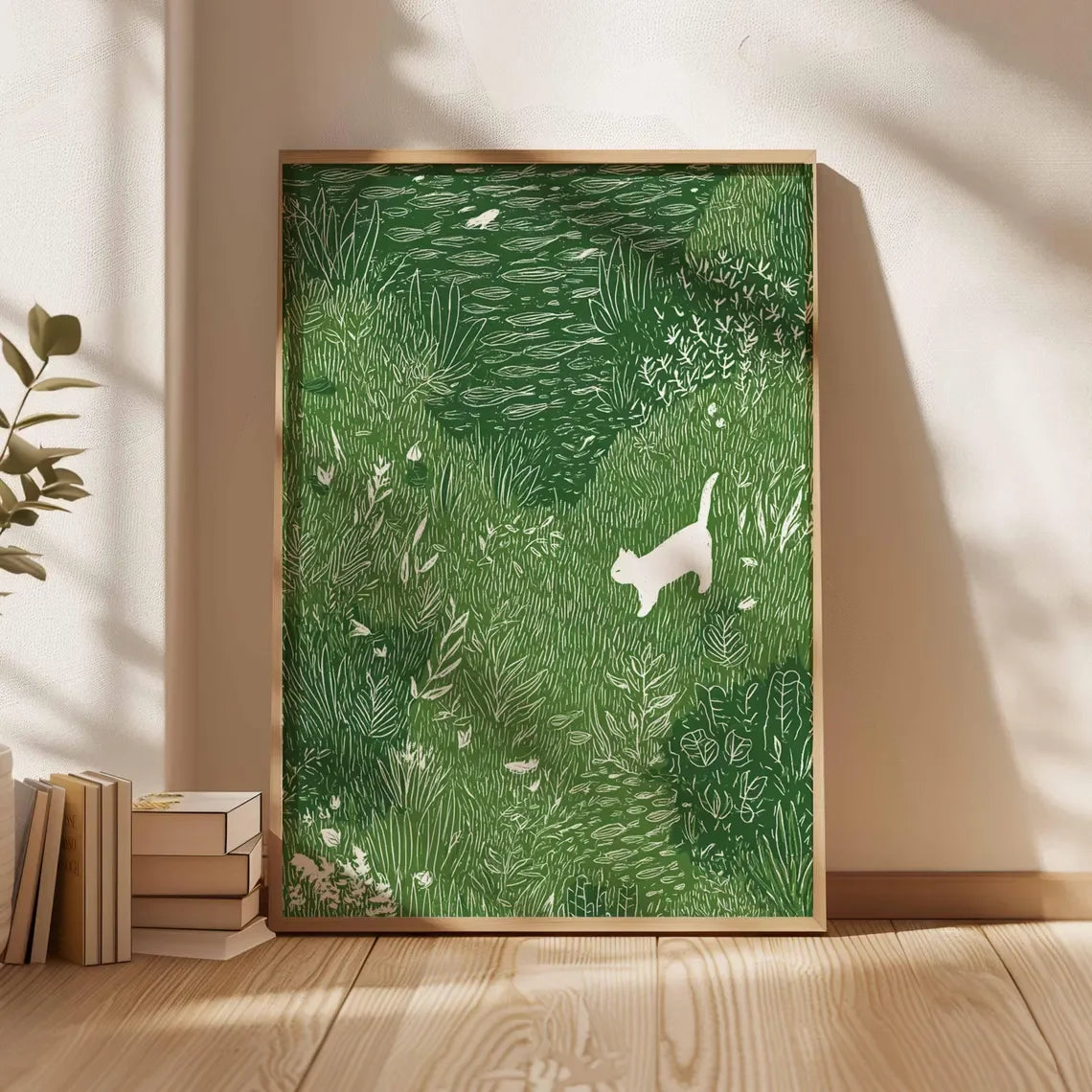 White Cat in Meadow Canvas Poster | Whimsical Animal Wall Art Canvas Wall Art Peaceful Pleasures Health and Wellness