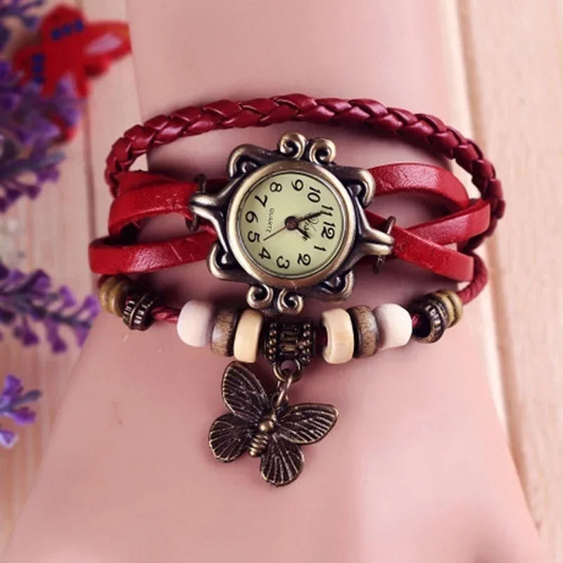 Retro Leather Hand Woven Lady Watch Antique Copper Thin Strap