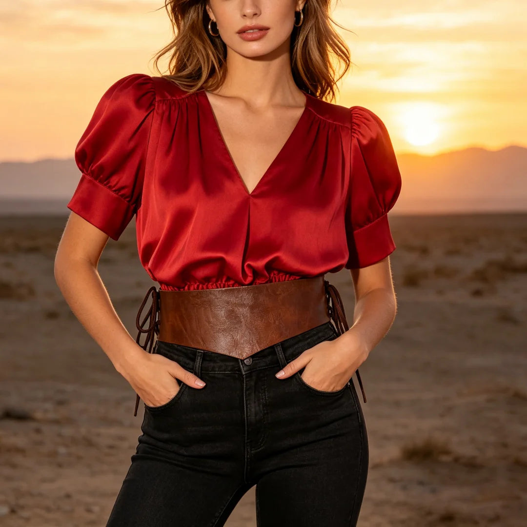 Retro V-shaped Waist Belt Rivets PU Leather Wide Waistband Suitable