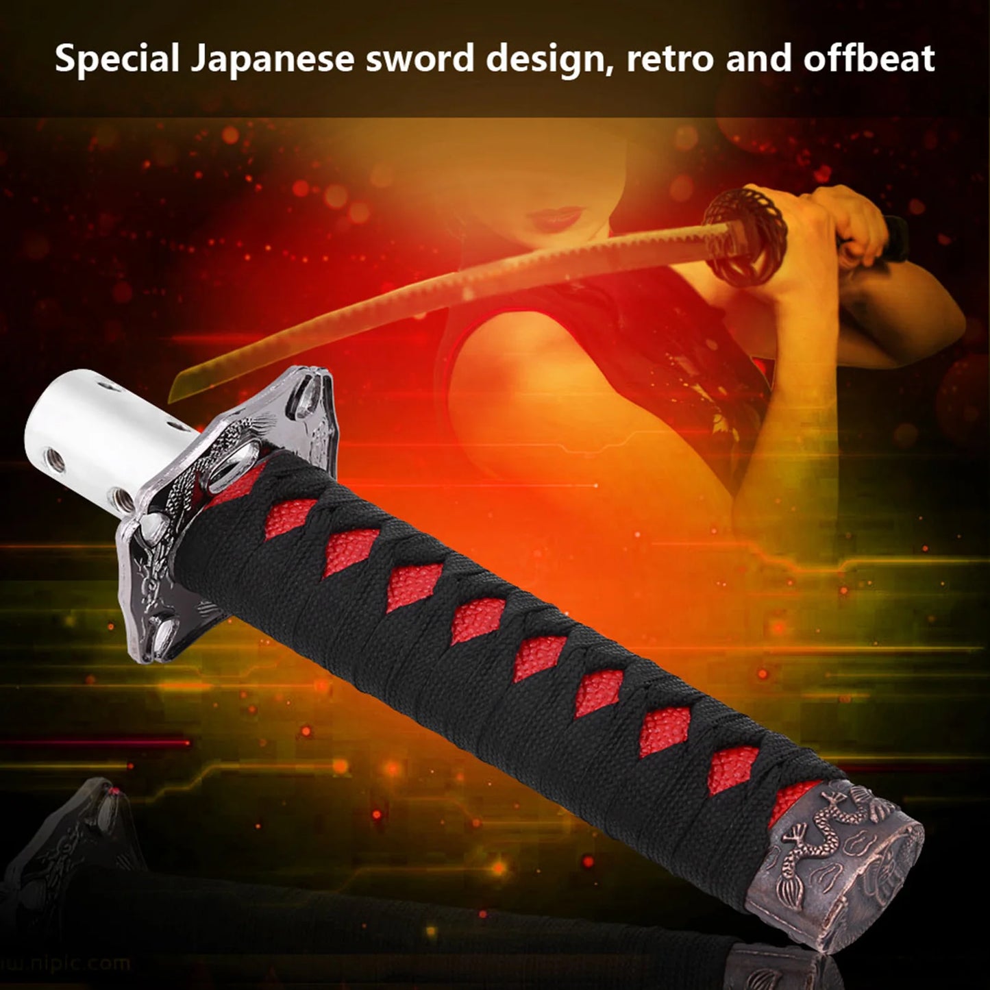 Japanese Sword Gear Shift Knob | 4 Adapters, Black & Red