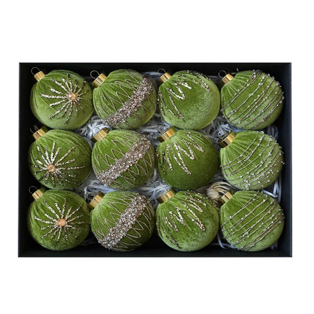 12 Velvet Flocked Christmas Ornaments 8cm | Holiday Tree Decor