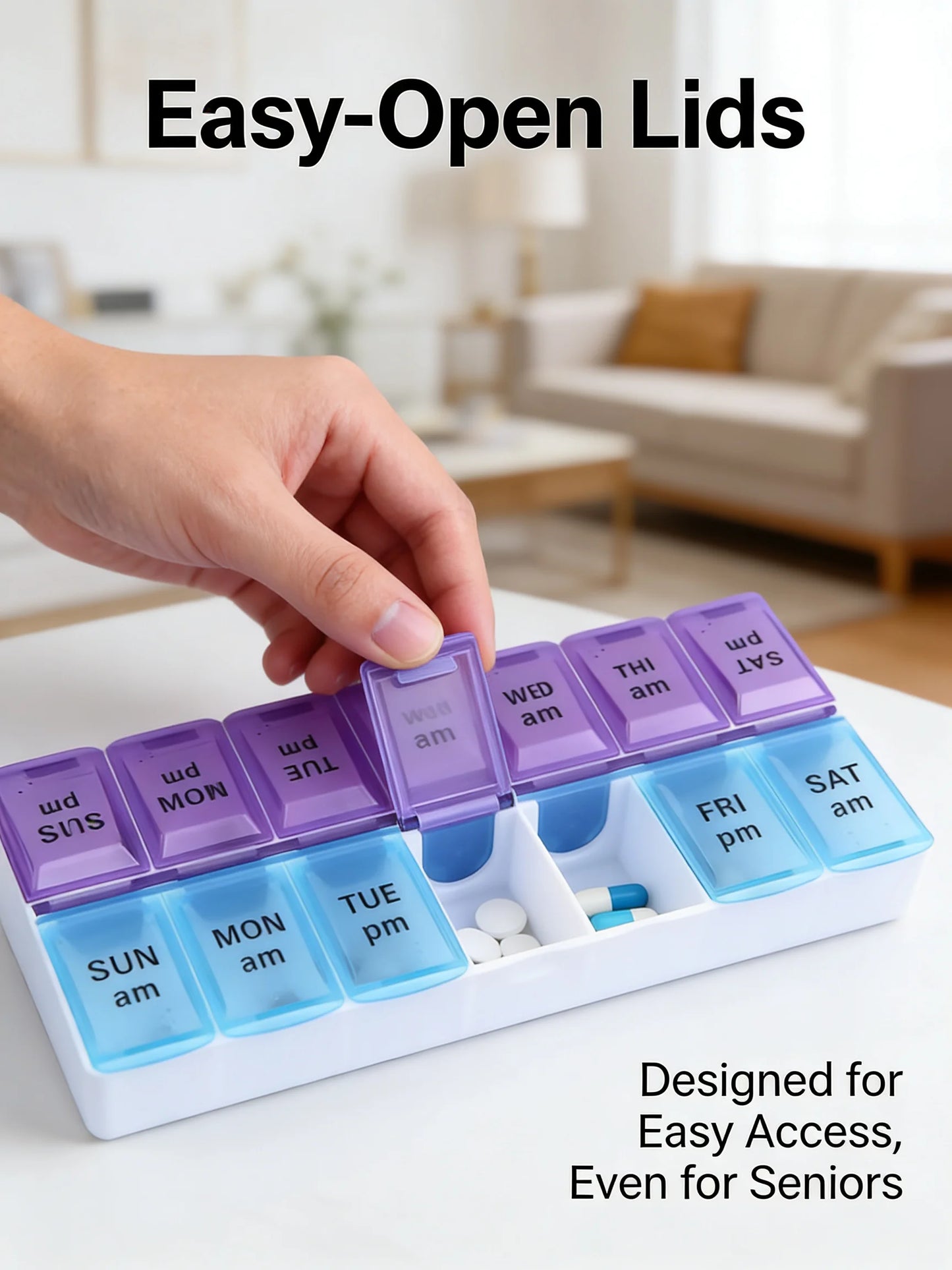 Weekly pill organizer with easy-open lids, designed for easy access, in a living room setting.