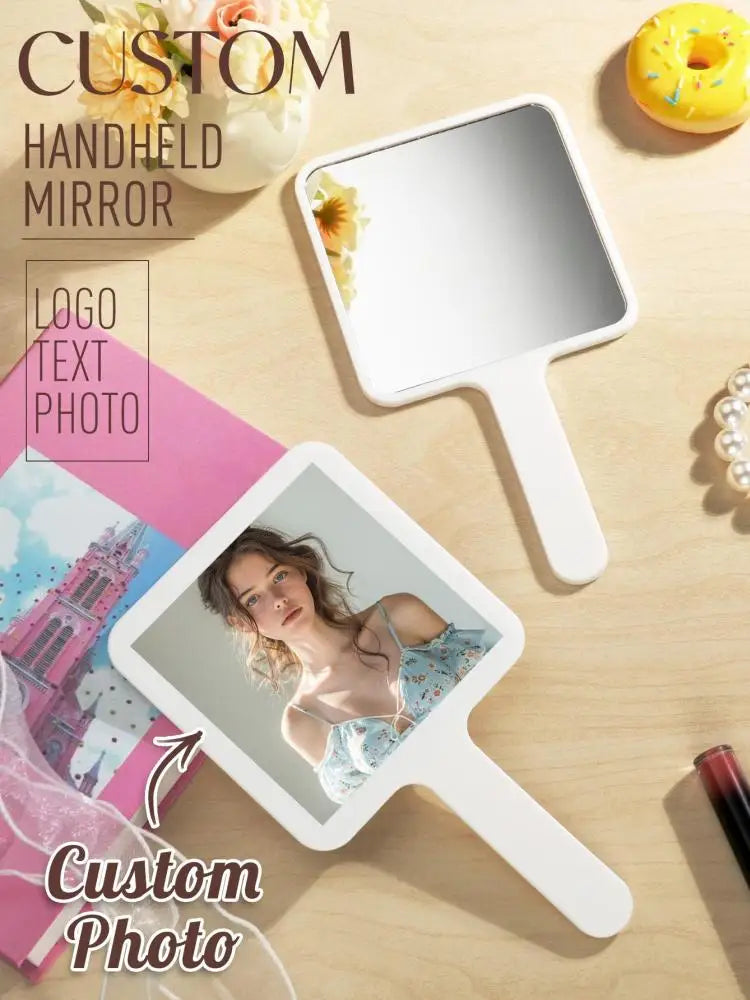 Custom Mirror Custom with Text Photo or Logo Handheld Makeup Mirror Personalized Compact Mirror for Daily Use Travel Office Peaceful Pleasures Health and Wellness White Custom Photo
