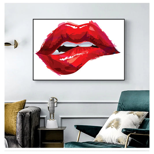 Sexy Red Lips Canvas Wall Art | Unframed Nordic Poster Canvas Wall Art Peaceful Pleasures Health and Wellness