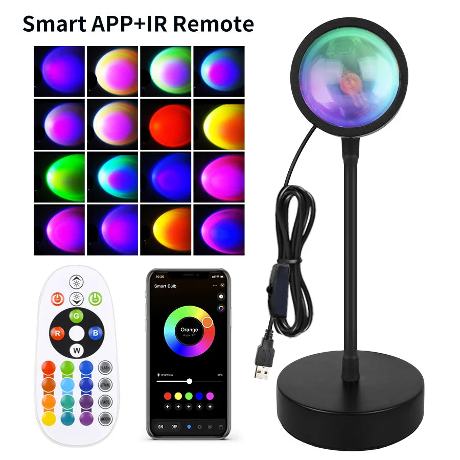 RGB Sunset Projector Night Light – USB LED Lamp with Remote