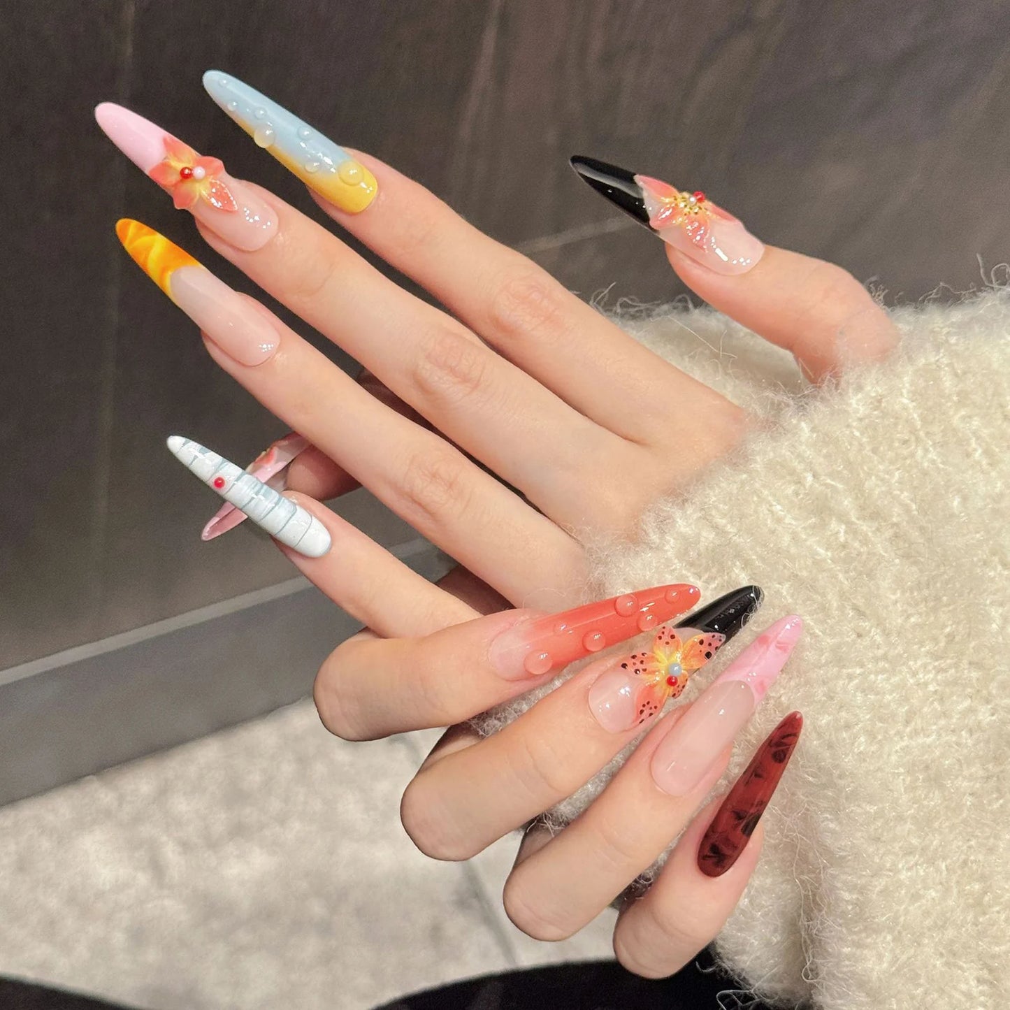3D Floral Gradient Press-On Nails – Island Style 10-Piece Set