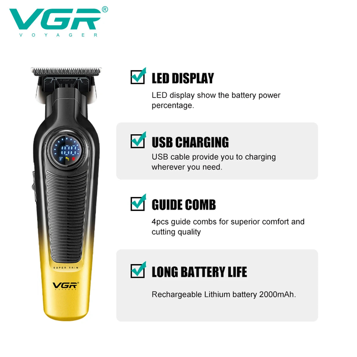 VGR NEW Men's Electric Hair Clipper Gradient Metal Body Hair Trimmer LED Intelligent Digital Display Home Carving Pusher V-996 Peaceful Pleasures Health and Wellness