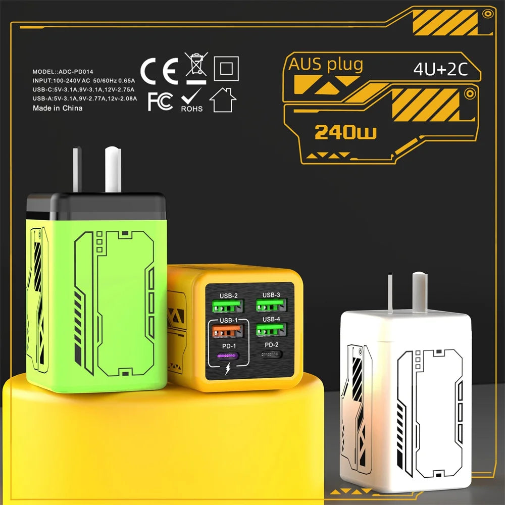 240W 6-Port USB-C Wall Charger | PD & QC 3.0 Fast Charging