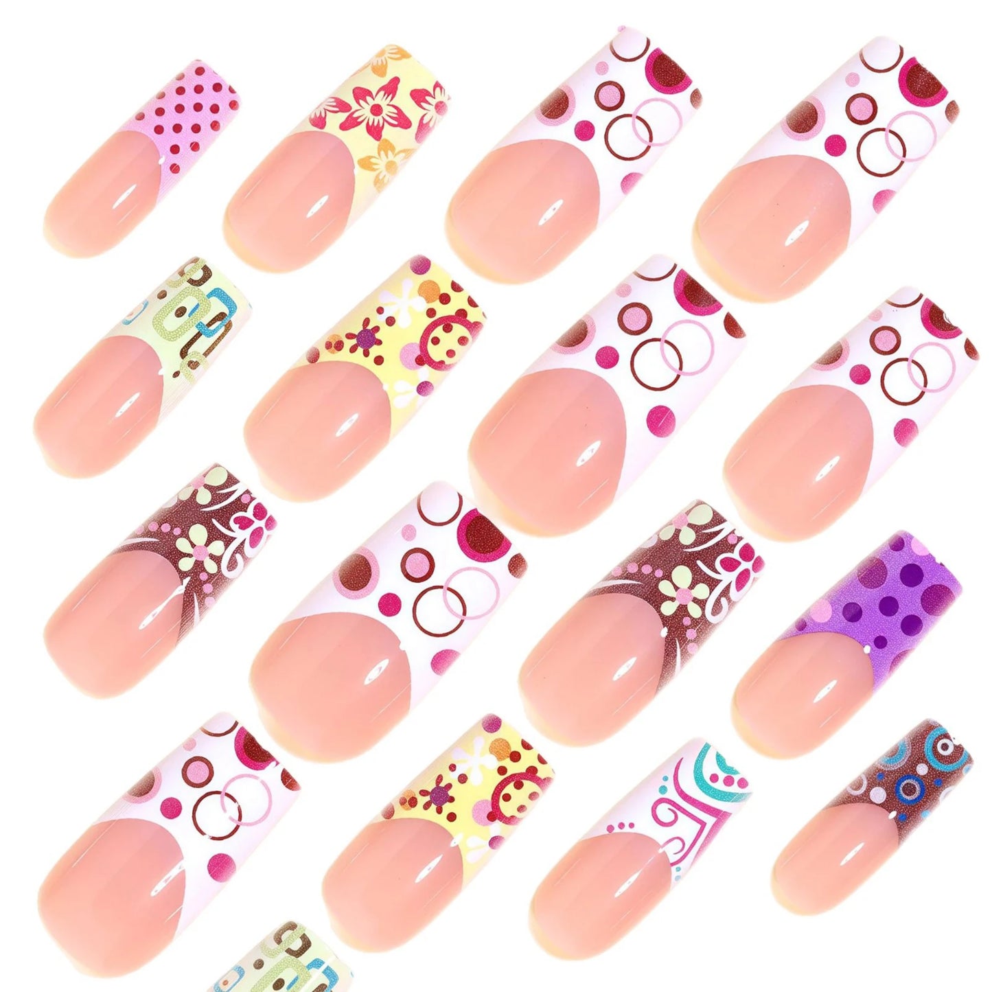 24pcs Press On Nails French Style False Nails With Red-purple Polka Dot And 3D Colorful Flowers Resin Artificial Fingernails Art Peaceful Pleasures Health and Wellness