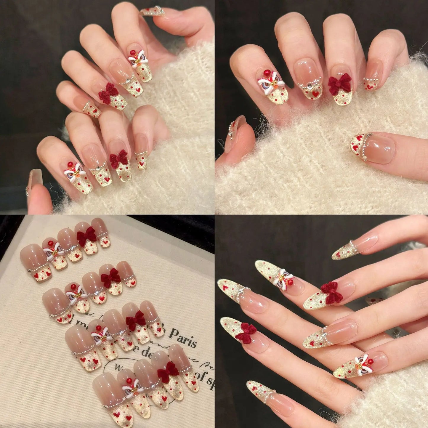 Handmade New Year Press on Nails Shiny Gold Powder Lucky Lion False Nails Wearable Full Cover French Cat Eye Fake Nail Tips Peaceful Pleasures Health and Wellness