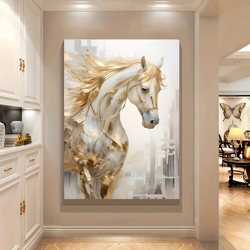 Frameless Golden Horse Canvas Wall Art Modern Decor with Urban Backdrop,White Golden Abstract Painting for Living Room Bedroom Peaceful Pleasures Health and Wellness