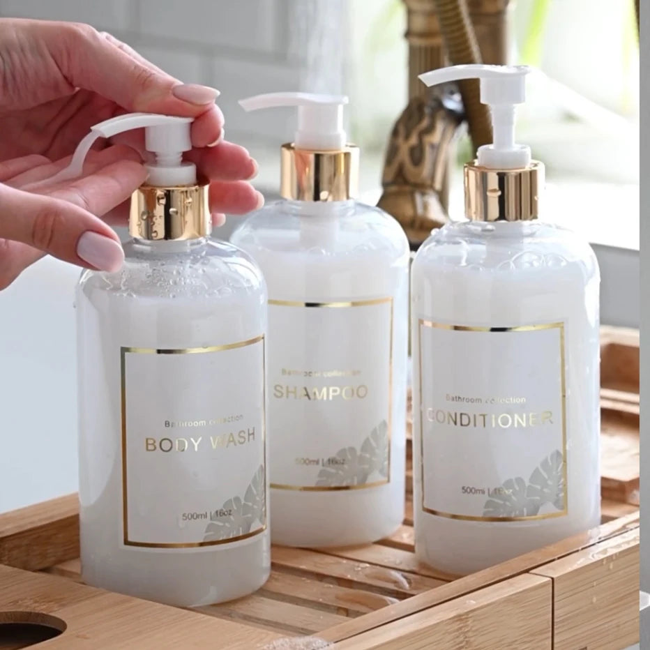 3pcs500ml Bathroom Dispensers Shampoo and Conditioner Dispenser Bottles Refillable Lotion Press Type Bottle Bathroom Accessories Peaceful Pleasures Health and Wellness