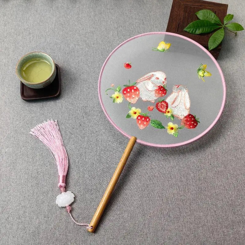 Su Embroidery Silk Round Hand Fan – Wooden Handle & Tassel