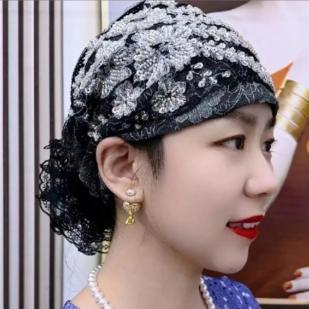 Flower Embroidery Turban Bonnet Hat – Elastic Lace Headscarf