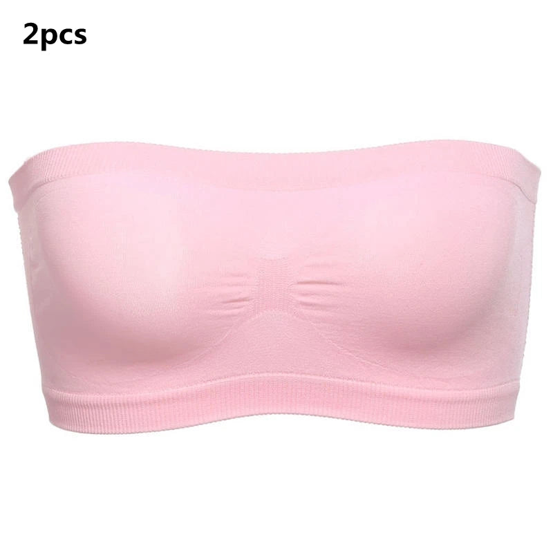 Lady's Sexy Strapless Crop Top Bra Bandeau Boob Tube Brassiere Summer Breathable Mesh Invisible Strapless without Chest Pad Wrap Peaceful Pleasures Health and Wellness Pink 2pcs Free Size