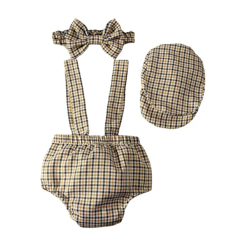 Newborn Boy Gentleman Outfit – Checkered Pants, Hat & Bowtie