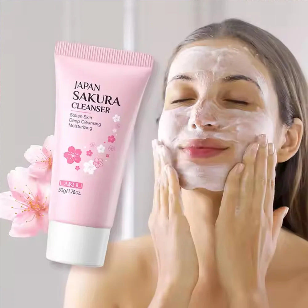 LAIKOU Sakura Cleanser Gentle Deep Cleaning Oil Control Moisturizing Shrink Pores Face Skin Care 50g Skin Cleanser All Skin Type Peaceful Pleasures Health and Wellness