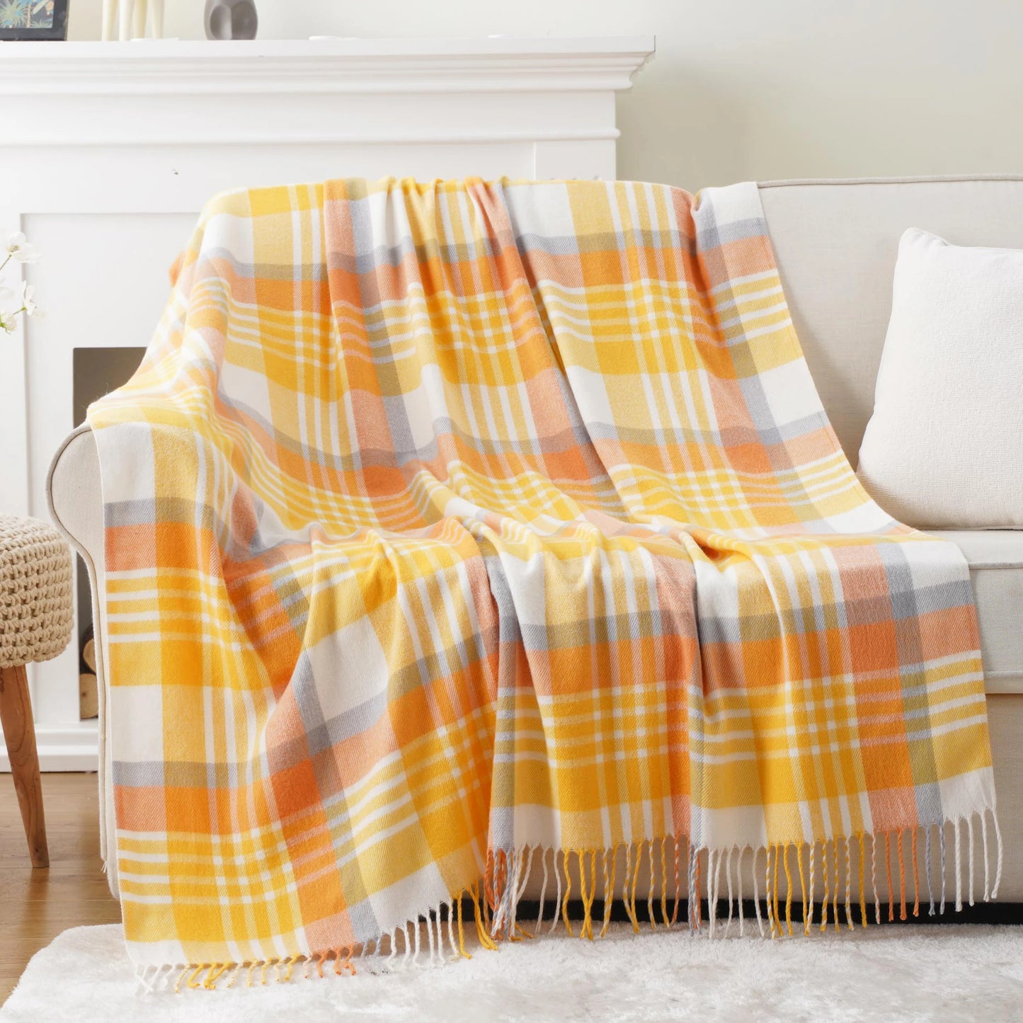 Battilo Plaid Knit Throw Blanket | Beige Tassel Sofa Blanket