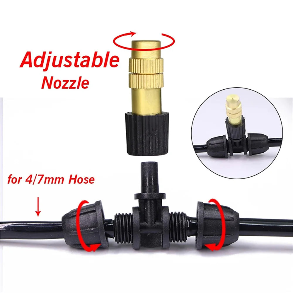 1/4'' 3/8'' 1/2'' Tubing Brass Misting Nozzles with Tee Connector Snap-On Quick Joint Outdoor Garden Irrigation Atomizer Sprayer Peaceful Pleasures Health and Wellness