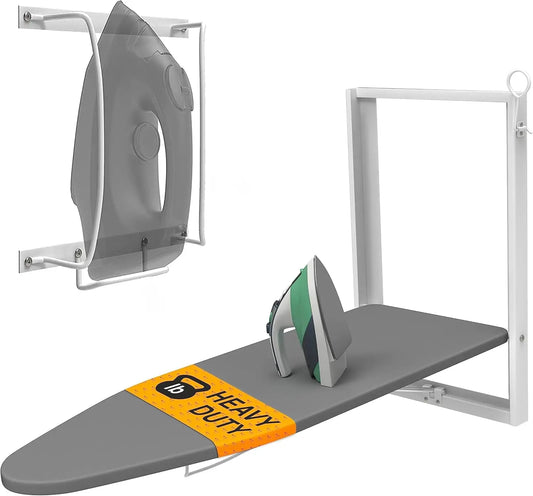 Wall-mounted ironing board with an iron on a white background
