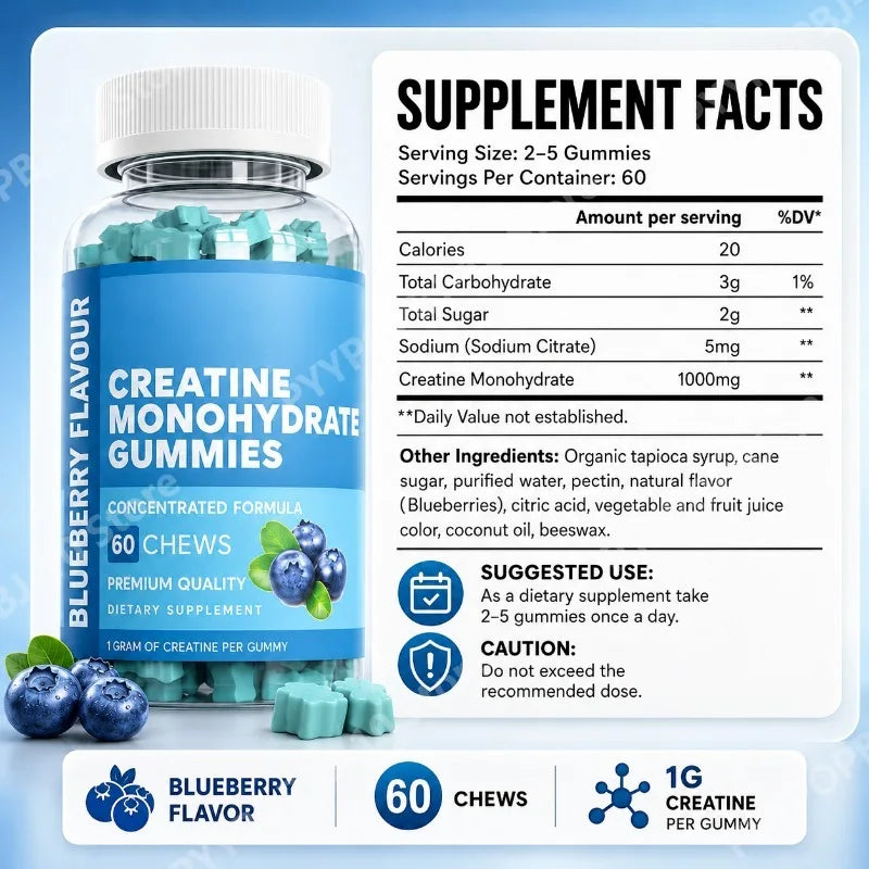 Creatine Monohydrate Gummies 1g | Blueberry | 60 Chews