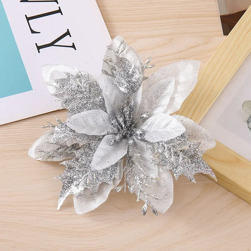 Glitter Artificial Christmas Flowers with Clips – Xmas Tree Decor