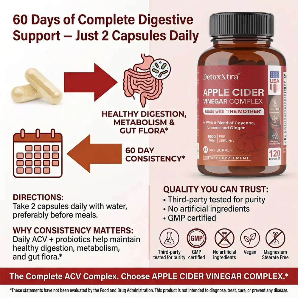 DETOXXTRA Apple Cider Vinegar Capsules 1000mg – 120 Ct