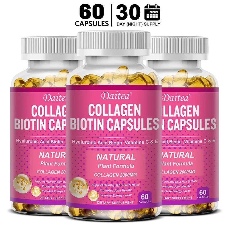Collagen Biotin Supplement - Hyaluronic Acid Biotin Vitamin C E - Hair Skin Nails Joint Support and Energy Boost Vegan Capsules Peaceful Pleasures Health and Wellness 60 count-3bottle