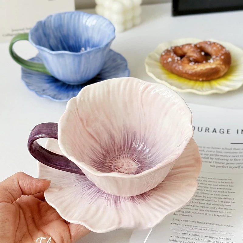 Creative Hand Painted Underglaze Flower Ceramic Coffee Cup and Plate French Retro Petal Afternoon Tea with Cup and Plate Gifts Peaceful Pleasures Health and Wellness