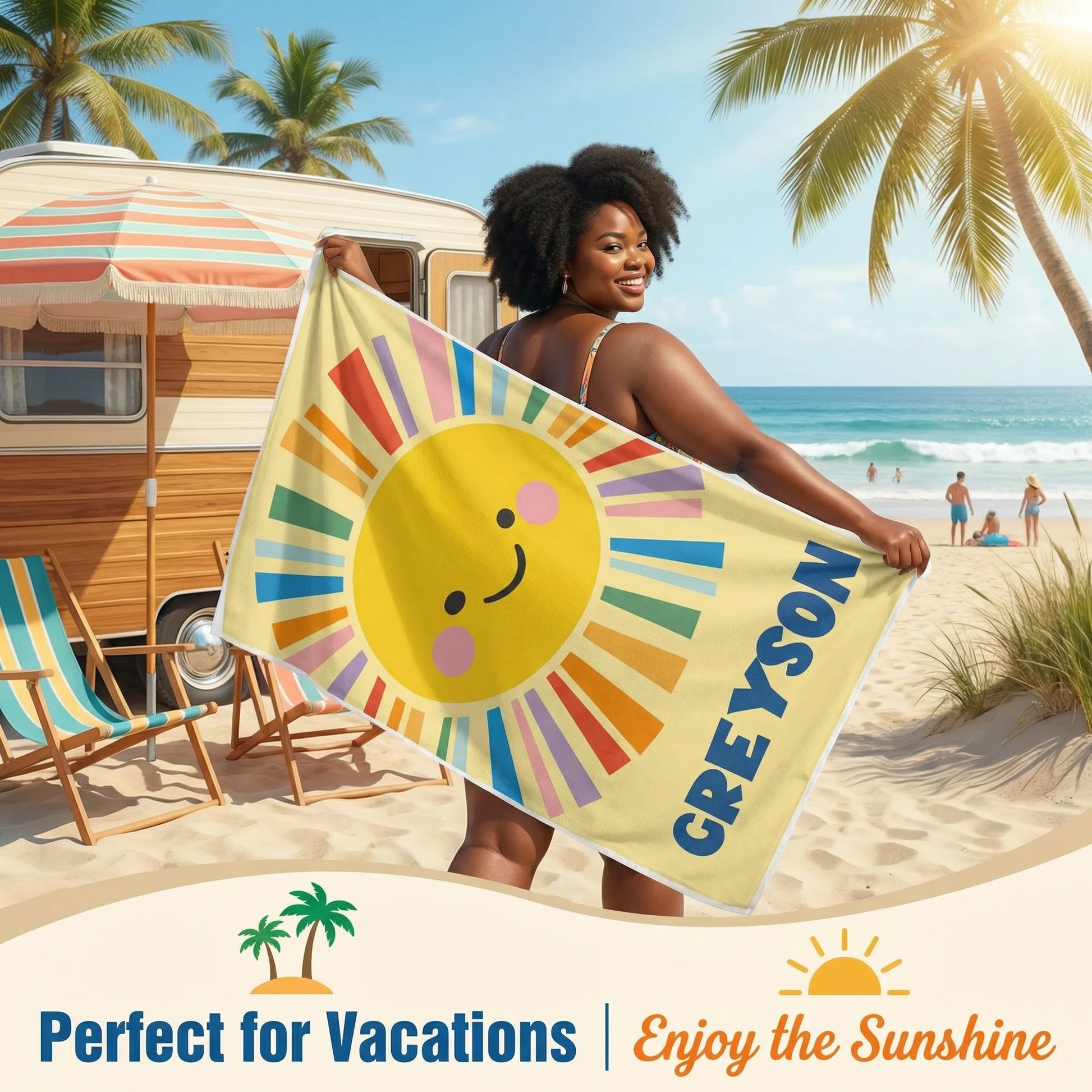 1pc Custom Name Beach Towel Personalized Rainbow Towel Quick Dry Soft Lightweight Gift for Kids Mom Dad Birthday Camping Travel Peaceful Pleasures Health and Wellness