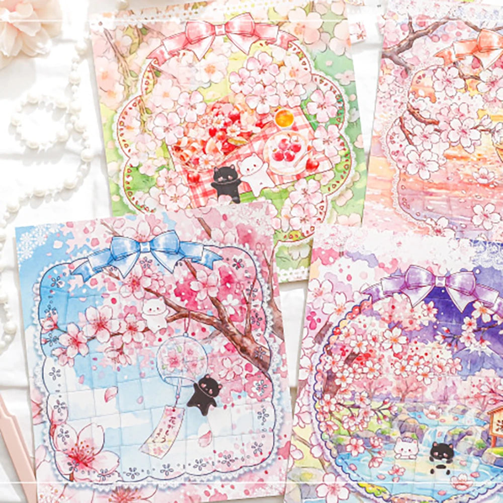 Cute Cat Cherry Blossom Rain Series Puzzle Stickers Four Theme