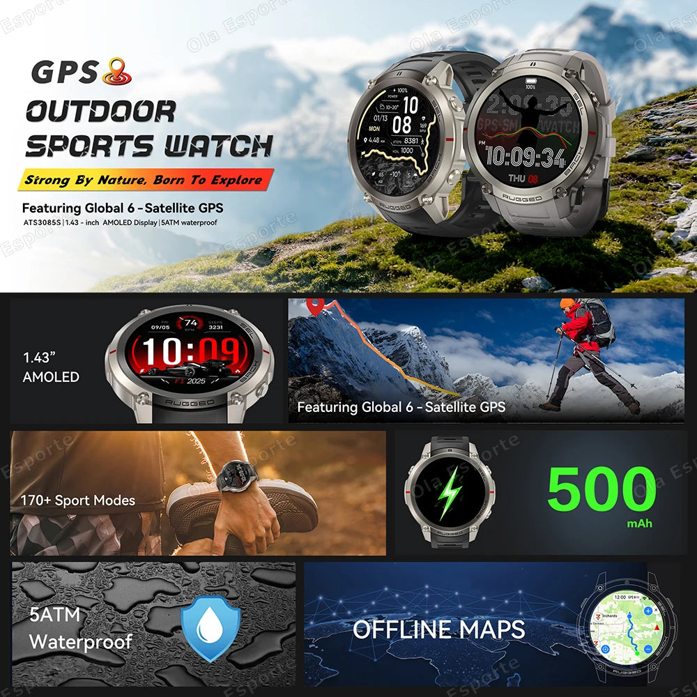 Ola Esporte GPS Smartwatch AMOLED 5ATM 170+ Sports Modes