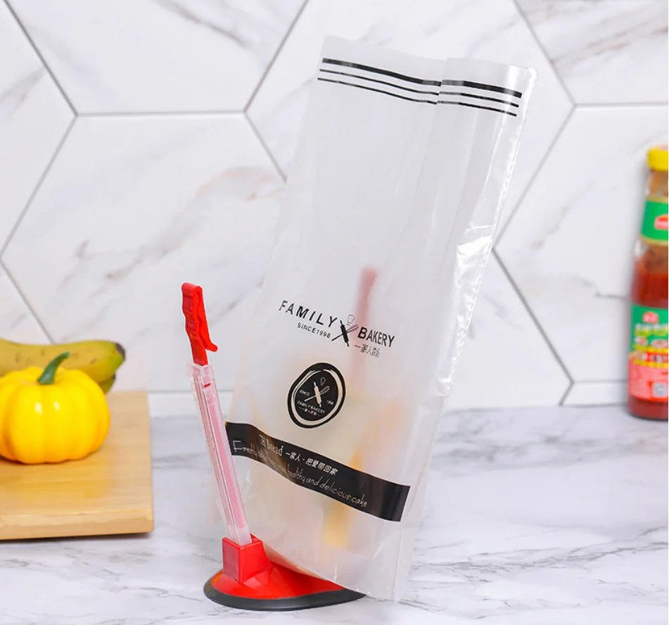 Household food storage bag holder, packaging bag opener, support stand Peaceful Pleasures Health and Wellness