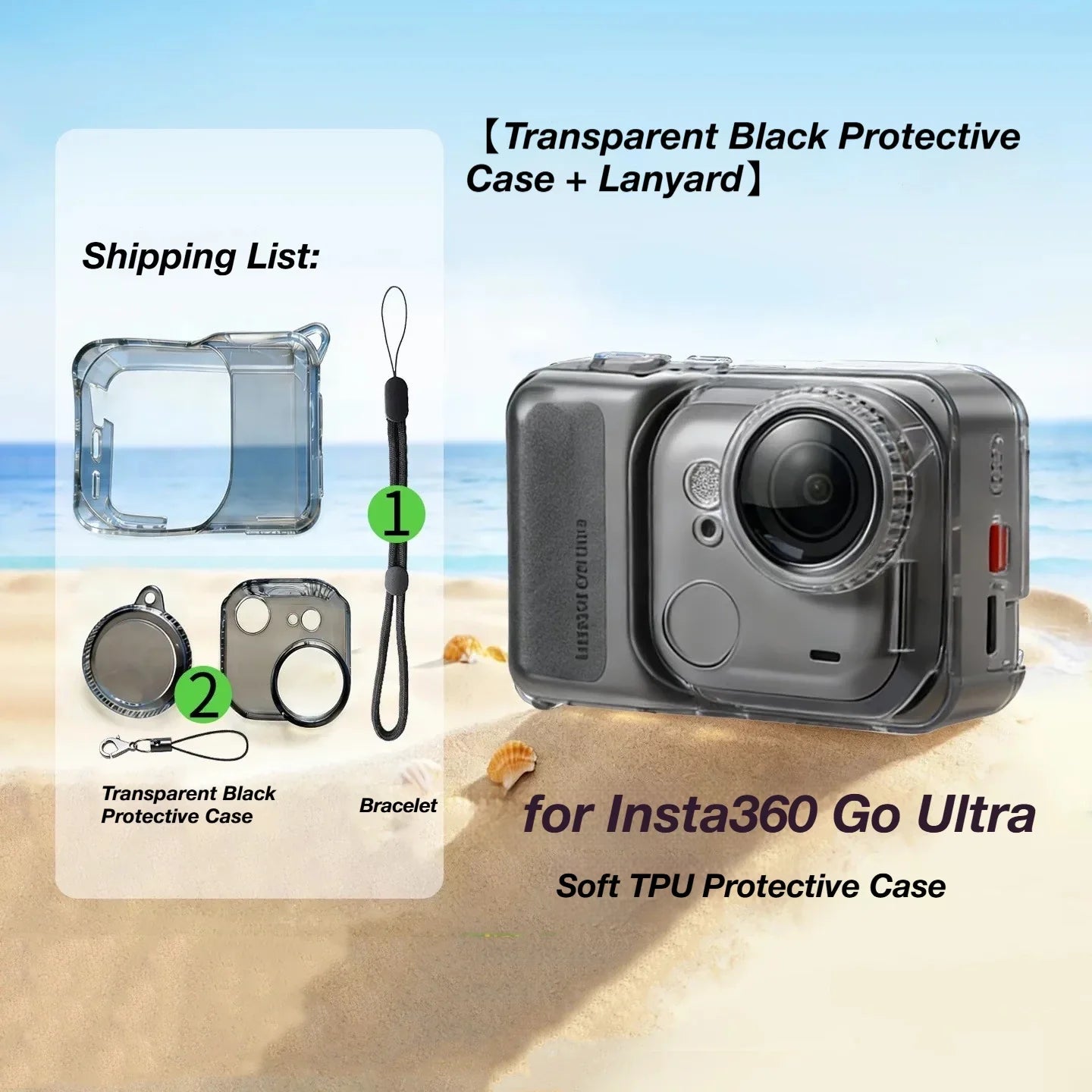 TPU Protective Case for Insta360 Go Ultra + Lens Cap & Lanyard