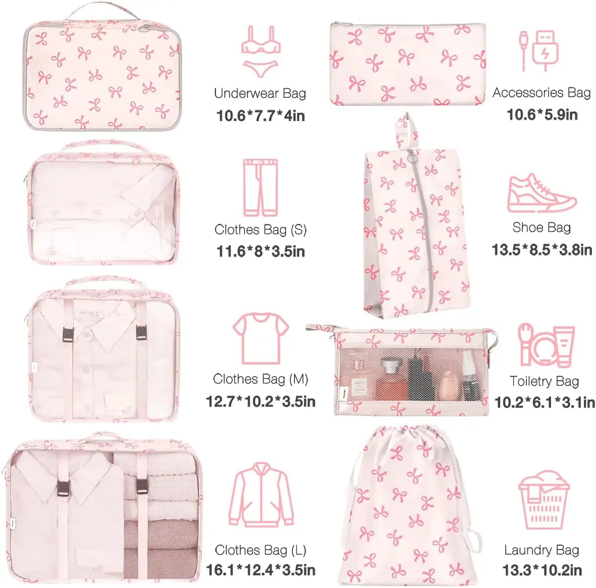8-Piece Packing Cubes Set for Travel – Pink Bow Design Peaceful Pleasures Health and Wellness