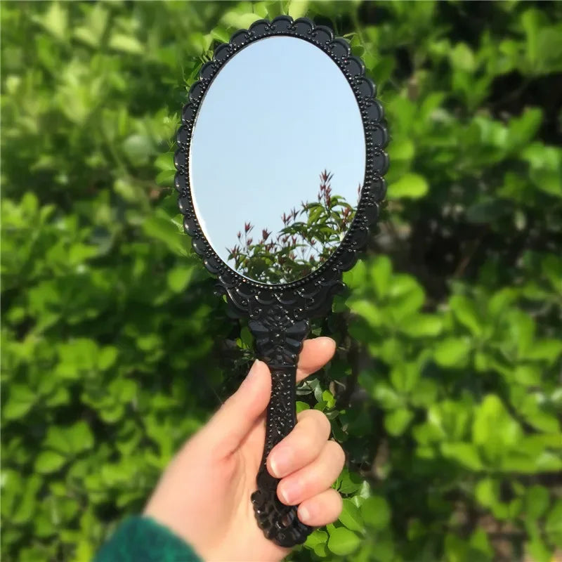 2pcs Ladies Makeup Hand Hold Mirror, Oval Round, Floral, Vintage, Princess Lady Beauty Dresser Gift Peaceful Pleasures Health and Wellness black